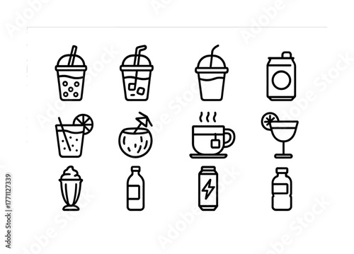 Outline icons of various beverages: tea, coffee, juice, soda, smoothies, cocktails, energy drinks