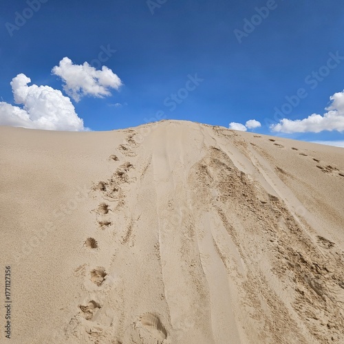 Sandy dune with footprints against a cloudy sky at Monahans Sandhills State Park, Texas