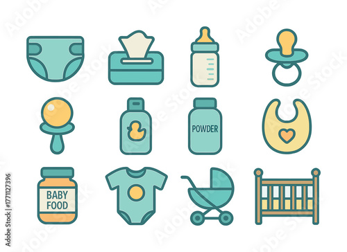 Baby essentials: diaper, bottle, pacifier, stroller, crib, bib, wipes, powder