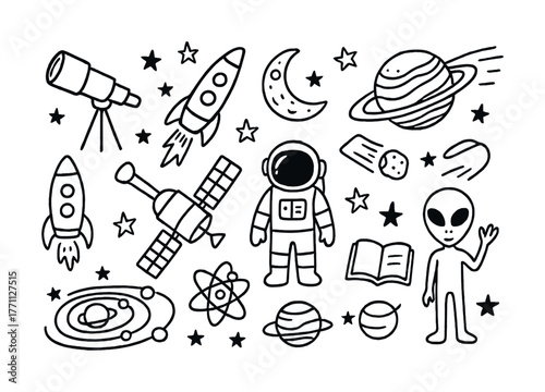 Space exploration doodles: astronaut, alien, rockets, planets, and telescopes