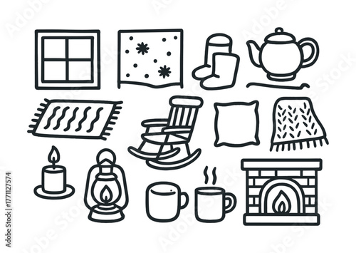 Cozy home icons: fireplace, tea, candles, blankets, and more