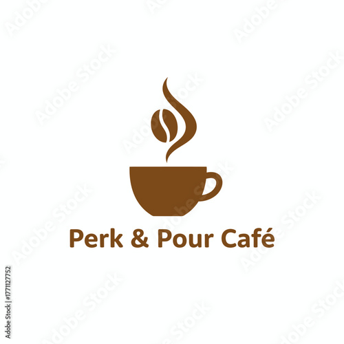 A coffee cup logo with a bean and steam, brown elements on white background with text