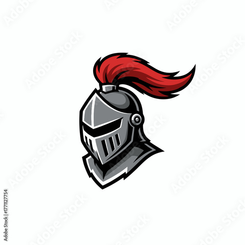 Illustration featuring a stylized knight's helmet, rendered in shades of grey with red plume