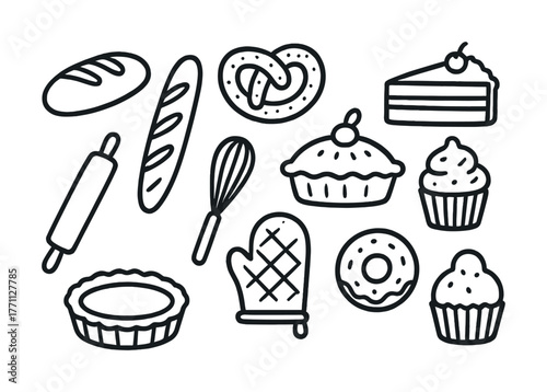 Black and white bakery icons featuring bread, pastries, and desserts