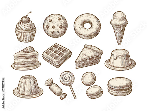 Hand-drawn desserts collection: cupcake, cookie, donut, ice cream, and more