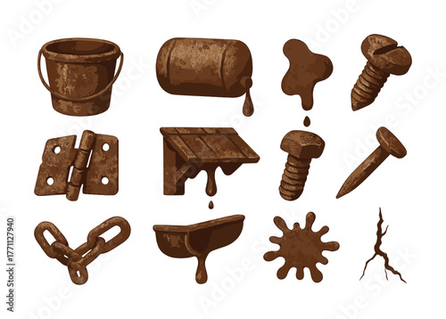 Collection of rusty objects including bucket, nail, screw, chain, hinge, and stain on white background