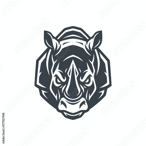 A stylized rhino head with detailed lines, set against a plain white background