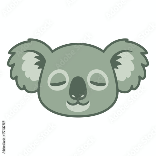 A smiling, cartoon koala head with closed eyes and large ears on a white background