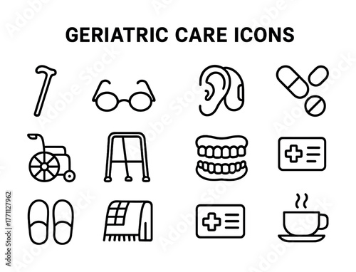 Geriatric care icons: mobility, health, support, wellness, aid symbols