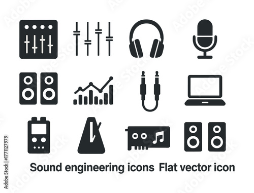 Sound engineering icons: headphones, microphone, speakers, laptop, cables, metronome, equalizer