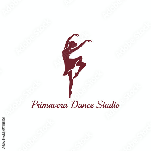 A burgundy silhouette of a dancing figure in an elegant pose against a white backdrop
