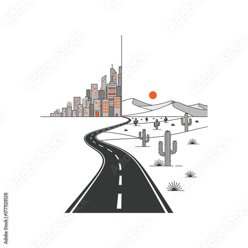 City and Desert Road Trip Illustration landscape skyline cacti sand dunes sun sunset travel architecture buildings nature outdoor