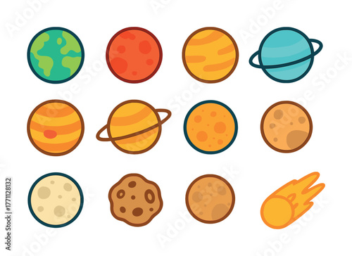 Colorful cartoon planets and celestial bodies set on white background