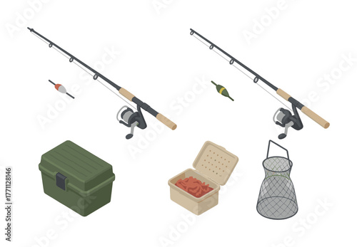 Fishing gear set with rods, tackle box, bait container, and net