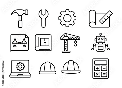 Engineering and construction icon set including tools, equipment, and blueprints