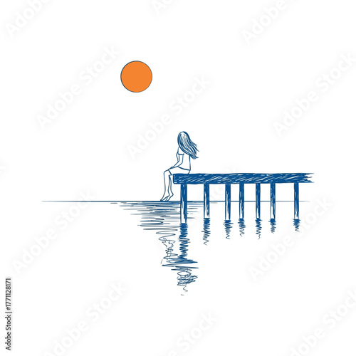 Girl sitting on pier at sunset drawing water sketch illustration ocean sea woman dock jetty reflection sky horizon calm peaceful serene