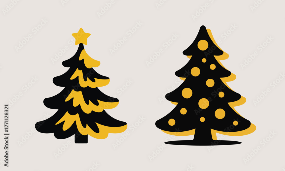 Obraz premium Flat Christmas Tree Icon Set Illustration With Two Festive Holiday Trees Decorated With Star And Ornaments In Black And Yellow Vector Graphic For Winter Celebration And New Year Design