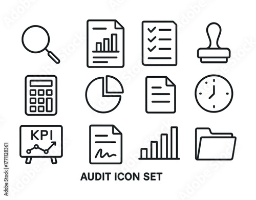 Audit icon set with magnifying glass, graphs, documents, and kpi chart