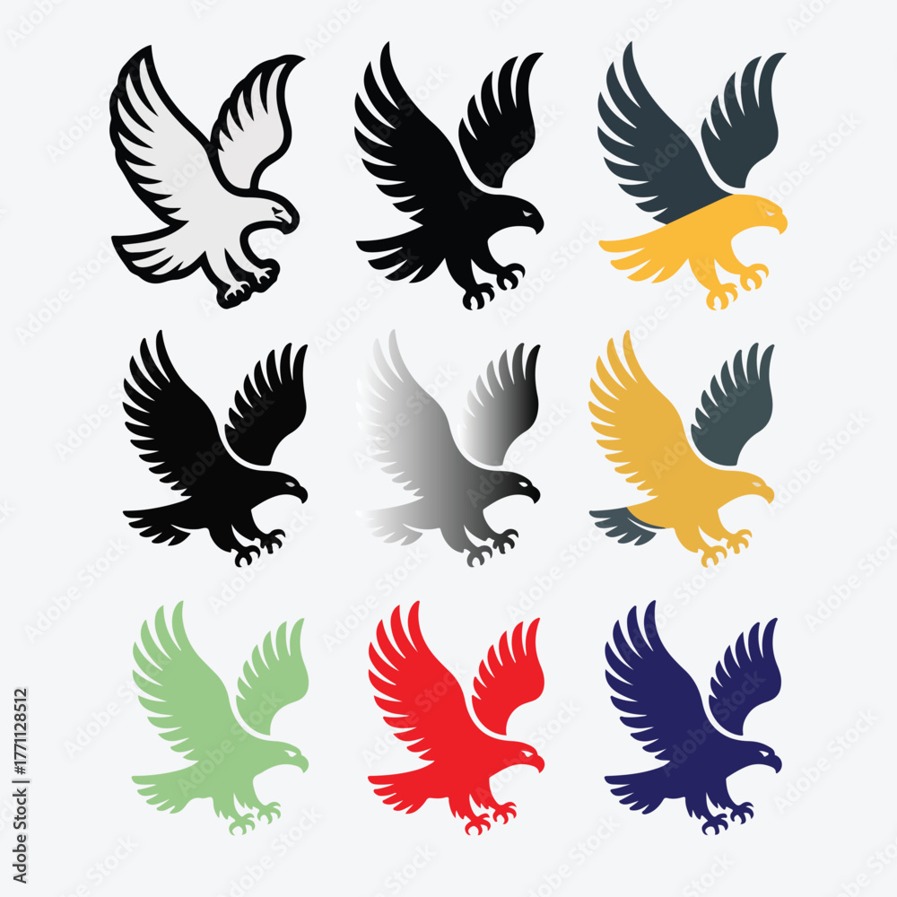 Obraz premium Eagle Icon Set Illustration Featuring Nine Flying Bird Symbols In Multiple Colors Including Black White Yellow Red And Blue Vector Graphic For Wildlife Design Mascot Logo And Freedom Concept