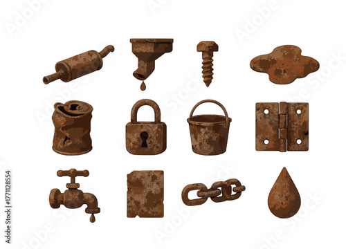 Rusted metal objects collection on white background