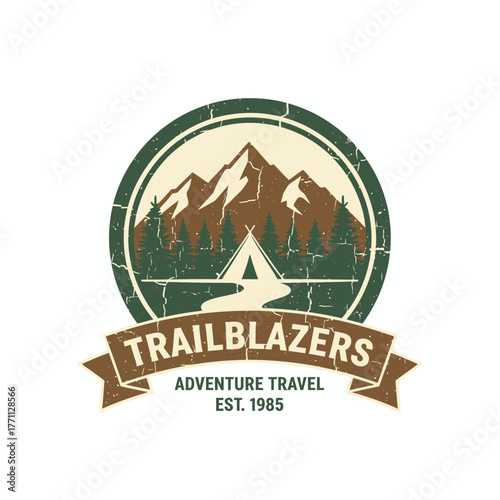 A rustic outdoor design with mountains, trees, and a tent inside a circular border, text at the bottom