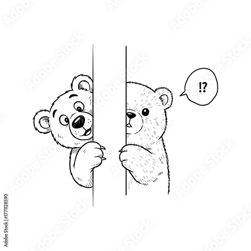 Cartoon Bears Peeking Behind a Wall illustration animal cute drawing character comic speech bubble surprise funny mammal wildlife