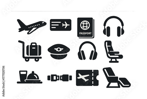 Travel icons: airplane, passport, luggage, pilot hat, headphones, seat