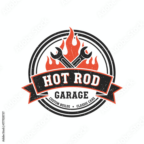 Vintage emblem with wrenches, flames, and text in a circular design, celebrating classic car customization