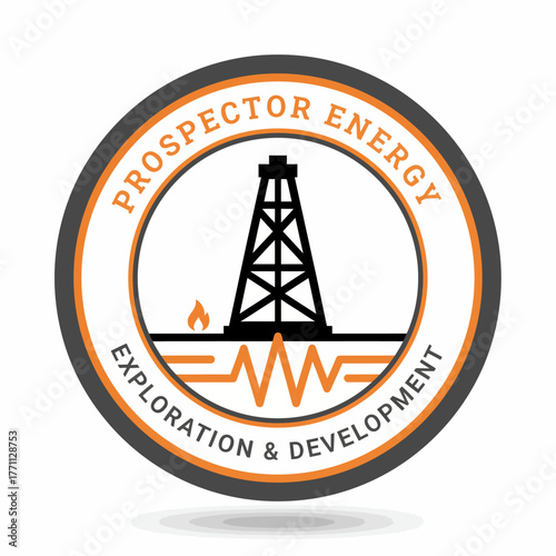 A circular emblem features a black oil derrick over a wavy orange line. It has orange and gray circles