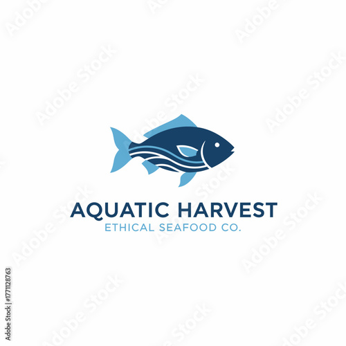 A simplistic logo design featuring a stylized blue fish positioned above text. Solid colors on a white background