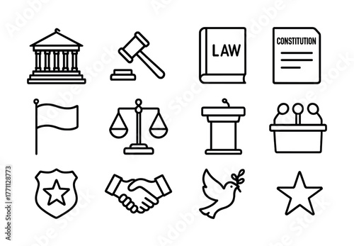 Icons of justice and governance: gavel, scales, law book, constitution, court, flag, peace dove, star
