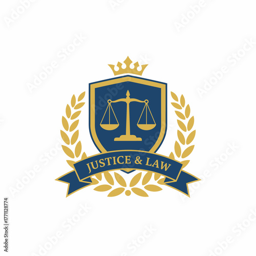 A regal emblem of justice. Features a shield with scales, crown, laurel wreath, & banner