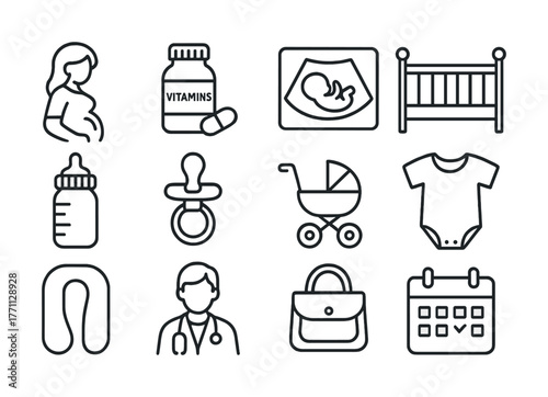 Pregnancy and baby essentials icons: vitamins, ultrasound, cradle, bottle, stroller, doctor