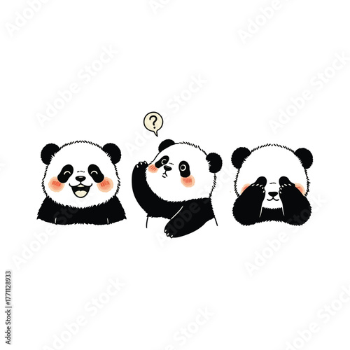 Cute Panda Expressions Cartoon Illustration bear animal mammal happy confused question shy peek kawaii drawing clipart design graphic