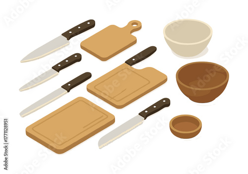 Kitchen tools collection with knives, cutting boards, and bowls