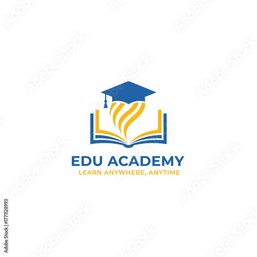 A logo featuring a mortarboard over an open book with swirling, golden pages. Blue and yellow colors