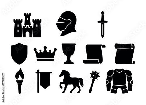 Medieval icons: castle, helmet, sword, shield, crown, torch, armor, banner, scroll, horse