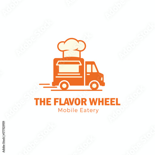 A stylized orange food truck icon with a chef hat on top, promoting a mobile eatery concept