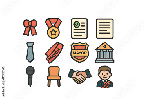Mayor symbols: medals, sashes, documents, and government icons