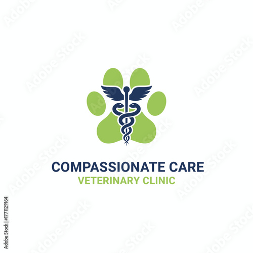 A veterinary logo featuring a caduceus over a paw print and the words "Compassionate Care Veterinary Clinic
