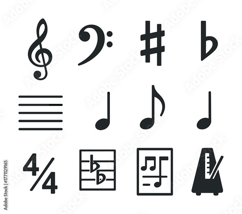 Musical symbols collection: clefs, notes, time signatures, and metronome icons