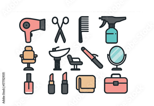 Hair salon tools and accessories icons set for styling and grooming