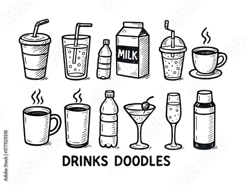Hand-drawn drink doodles: cups, bottles, milk carton, coffee, juice, milkshake, cocktail