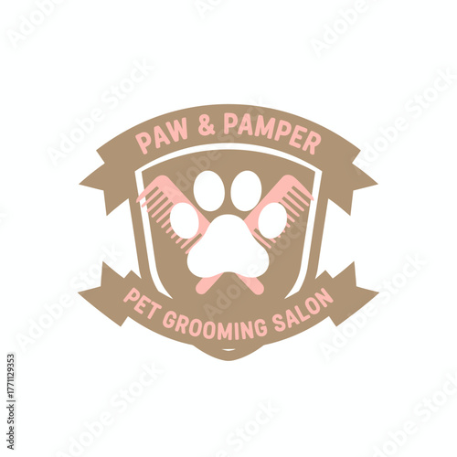 A stylized badge featuring a paw print, combs, and a banner with text about pet grooming