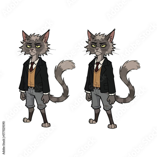 Cartoon Cat Character in Suit Illustration tie shorts animal anthropomorphic feline gray furry formal clothing outfit uniform school
