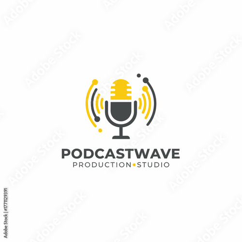 A logo featuring a stylized microphone surrounded by radiating wave-like lines in yellow and grey colors