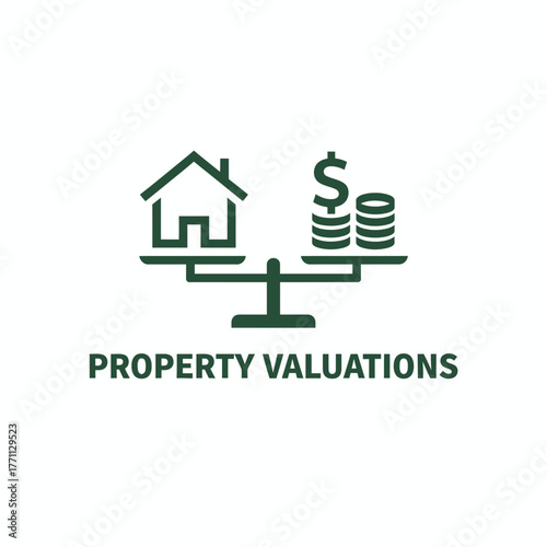 A scale depicts house and money, reflecting property valuation in an icon. The text is "Property Valuations