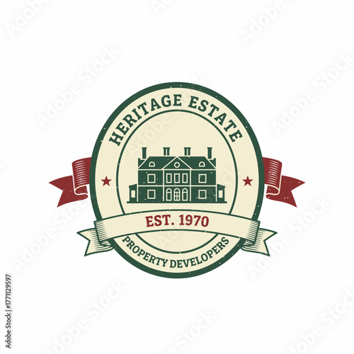 A vintage circular emblem featuring a house illustration, ribbon, stars, and text