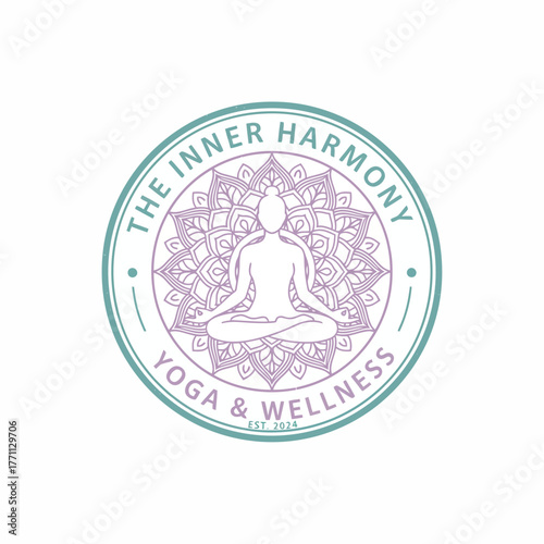 A circular logo with a meditating figure and mandala, enclosed in a turquoise-bordered circle