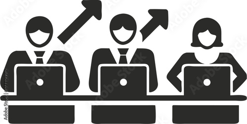 Teamwork driving business growth, professionals collaborating on laptops, upward trend arrow symbolizing success, ideal for corporate presentations